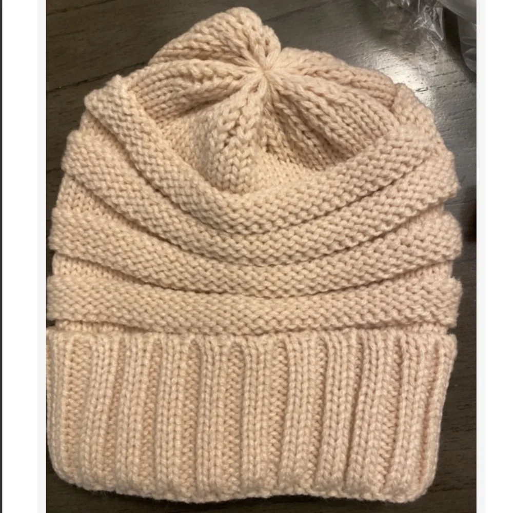 Beige Cream Beanie Cable Knit Hat